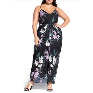 City Chic Maxi Dress Floral‎ Print Draped Sleeveless Plus Size XS/14 Black Party
